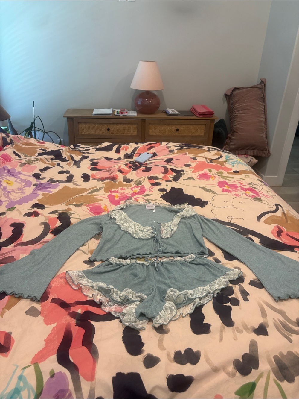 Urban Outfitters Sage Green Lace-Trim Two-Piece Pajama Set